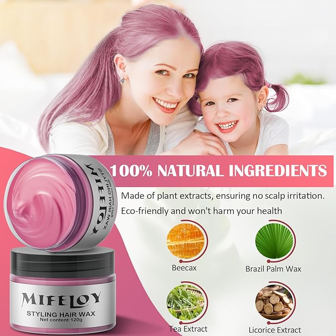 Pink Temporary Hair Color Wax, Instant Natural Hairstyle Cream Dye, Washable Styling Pomades for Girls Women Youth, Disposable Coloring Mud for Party Cosplay DIY Halloween