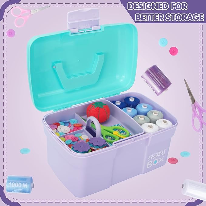 11in Mutipurpose Storage Box Organizer with Removable Tray, Portable Small Craft Organizer with Handle, Plastic Clear Tool Box Art Case for Makeup, Sewing, Nail, Hair Accessories (Purple Blue)