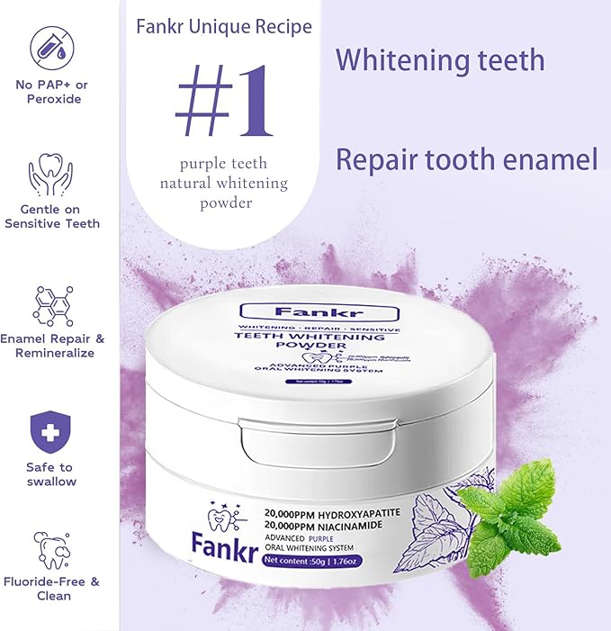 Teeth Whitening Powder, Remineralizing Hydroxyapatite Tooth Powder with Niacinamide, R5X Purple Color Corrector for Instant Brightening, Natural Teeth Whitening Formula, Mint Flavor, 50g (1)