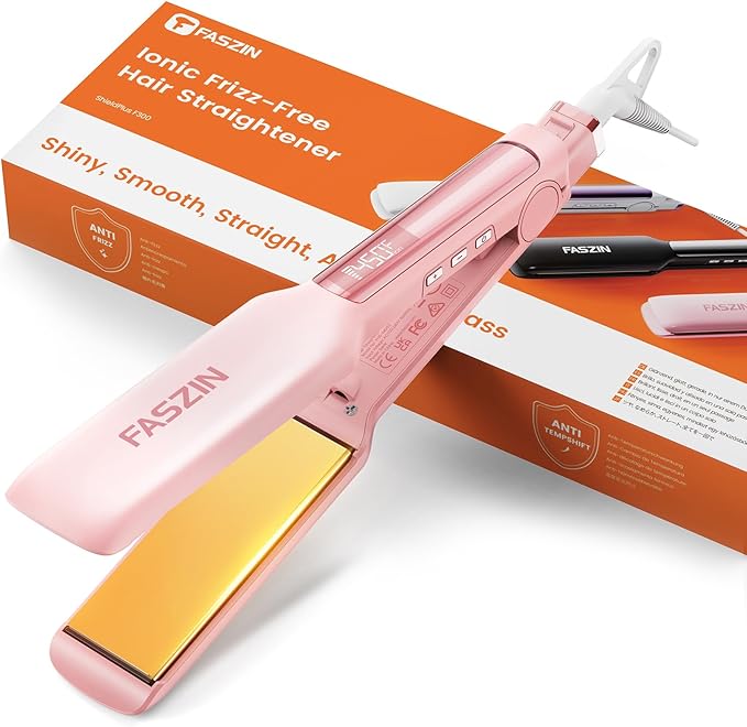 Faszin Professional Hair Straightener, 1.65inch Wide-Plate, Titanium Negative Ion Flat Iron, 30s Rapid Heating, LED Temp Display, Wide Voltage & 10 Adjustable Temp Levels (260-450℉) - Pink