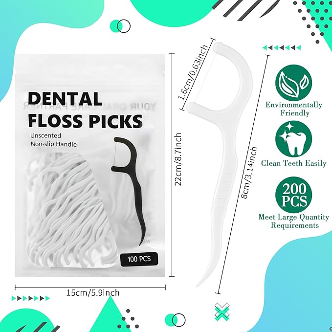 Baderke 200 Count Floss Picks Bulk Non Breakable Tooth Picks Flosser Dental Floss Sticks for Adults Teeth Cleaning Dental Flossers for Family Pack Travel(White)