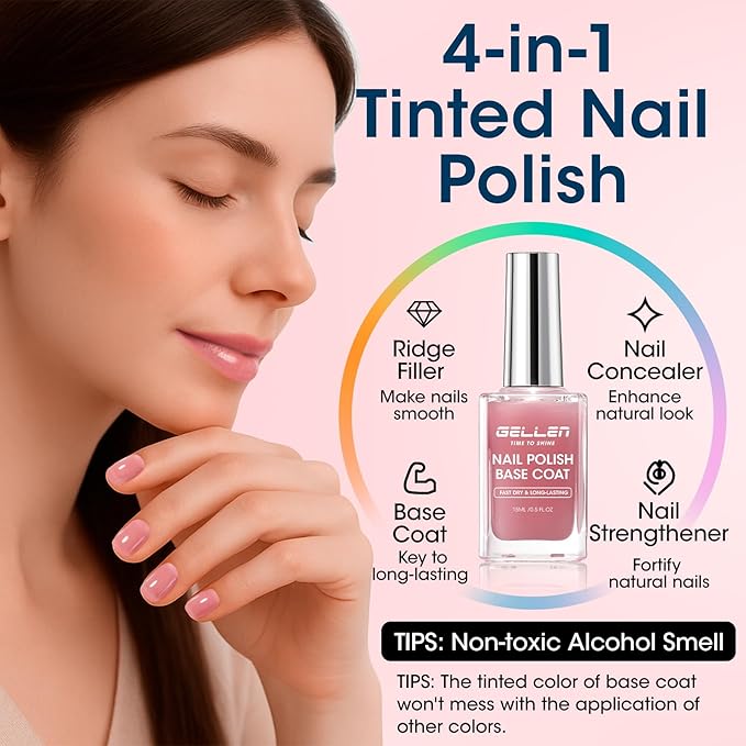 GELLEN 4-In-1 Clear Nail Polish Base Coat Dusty Pink Tint, Sheer Rose Ridge Filler For Nails, Nail Strengthener Concealer, Calcium Formula Smoothes Strengthens Nails, Enhances Natural Look, HEMA Free