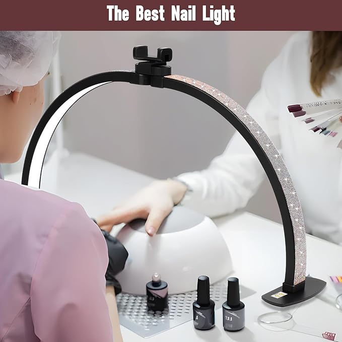 Half Moon Light for Nail Desk with Phone Holder, 29IN Folding Half-Moon Lamp with Shinning Diamond, LED Light for Manicure, Eyelash Extension, Tattooing, Skin Management, Color Temperature 3000-6500K