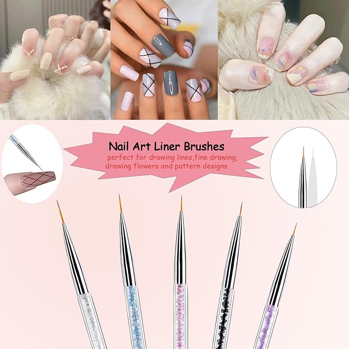 Nail Art Brushes, 8Pcs Double-Ended Acrylic Nail Brush Set & Picker Brush Tool for Nail Art with PolyGel Gel Acrylic Nails Extension Fine Liner Brushes and Dotting Pen (5,7,9,11,13 mm)