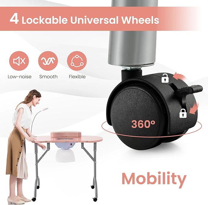 WELLHUT Nail Tech Table Vented Manicure Table w/LED Lamp, Dust Collector, Carry Bag & Soft Cushion, Portable Nail Tables w/Universal Mute Wheels for Nail Lovers Home Spa Beauty Salon