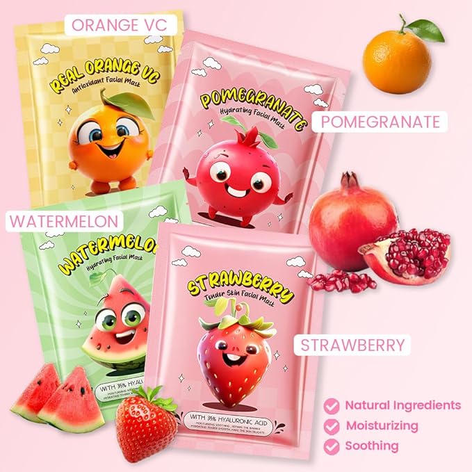 evpct 8 Pack Fruit Kids Face Masks for Kids Girls Spa, Girls Kids Facial Spa Day Slumber Sleepover Birthday Party Favors Supplies Kit for Girl, Kid Friendly Facial Face Masks Bulk Skincare for Kid, 01