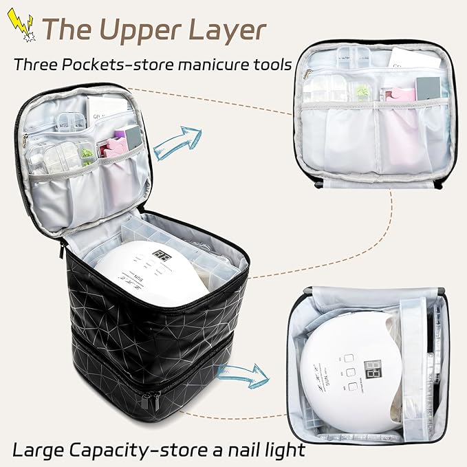LKE Nail Polish Organizer, Nail Organizers and Storage - Double Layer Holder for Painting Nails, Holds 30 Bottles & Nail Lamp, PU Leather Professional Manicure Case with 2 Bags, Travel Essential