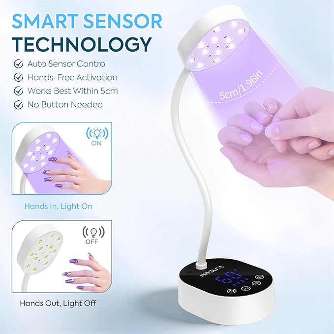UV LED Nail Lamp 36W – Cordless Flash Cure Gooseneck Mini UV Lamp for Gel X Nails, Portable USB Rechargeable Nail Dryer with Auto Sensor, 4 Timers & LCD Display for DIY Home Manicure (White)