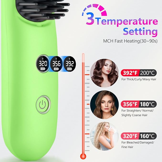 LCD Screen Cordless Hair Straightener Curler 2 in 1, Portable Mini Hair Straightening Brush for Travel Negative Ionic Fast Heating Hot Comb for Women, Folding Brush with Mirror, Green