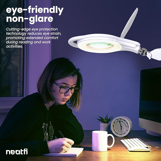 Neatfi 1,200 Lumens LED Magnifying Lamp with Clamp, Dimmable, Includes Microfiber Cloth, Magnifier Light for Reading, Sewing, Crafting (White, 5-Inch Lens, 8 Diopter)