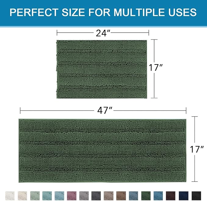 H.VERSAILTEX Bathroom Rugs Bath Mats Sets Super Absorbent Chenille Striped Bath Mats Non Skid Machine Wash Dry Rugs for Bathroom Floor Set of 2(Bronze Green, 47 x 17 Plus 17 x 24 - Inches)