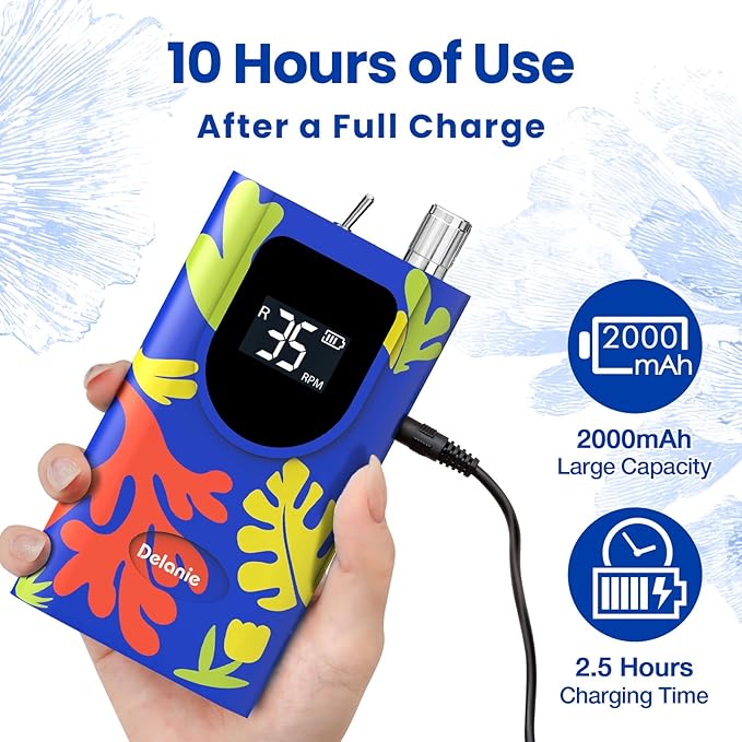 Delanie Professional Nail Drill High Torque 35000 RPM Rechargeable Portable Electric Nail File Filer for Acrylic Gel with Cuticle Bits, Salon Manicure Tool, Matisse Blue