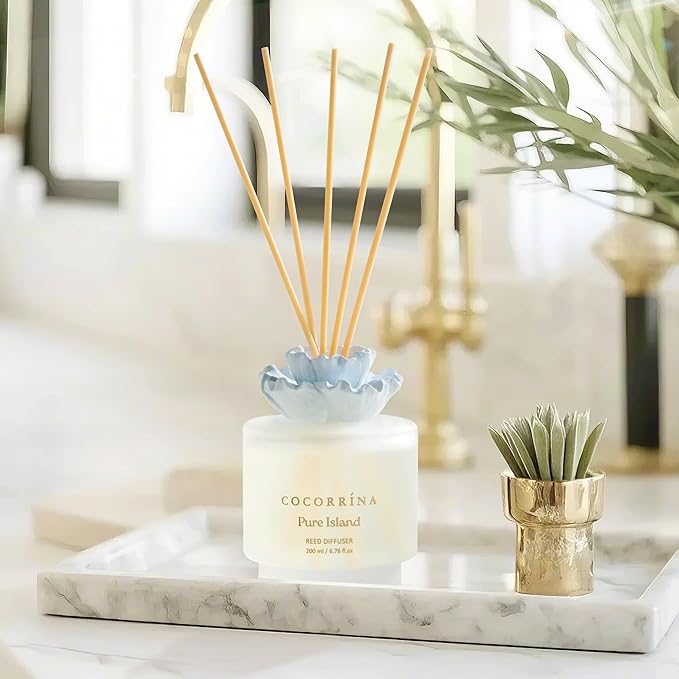 COCORRÍNA Gypsum Flower Reed Diffuser – Pure Island Scent, 6.76 oz Oil with 8 Sticks, Long-Lasting Home Fragrance for Bathroom Décor