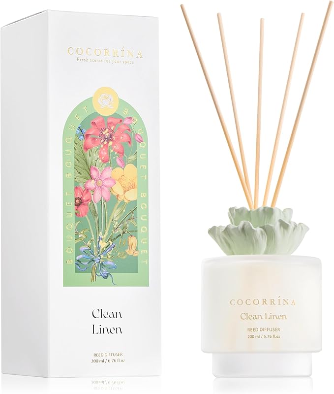 COCORRÍNA Gypsum Flower Reed Diffuser - Clean Linen Scent, 6.76 oz Oil with 8 Sticks, Long - Lasting Home Fragrance for Bathroom Décor