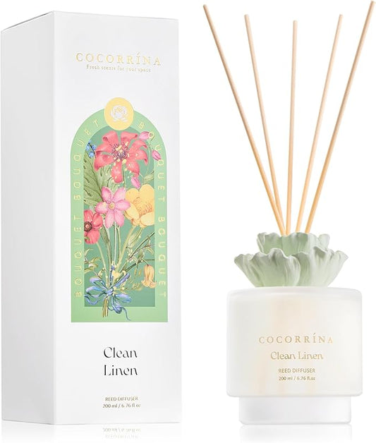 COCORRÍNA Gypsum Flower Reed Diffuser - Clean Linen Scent, 6.76 oz Oil with 8 Sticks, Long - Lasting Home Fragrance for Bathroom Décor