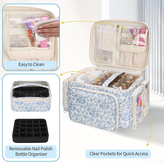 Nail Polish Organizer, Nail Polish Storage Holds 42+ Bottles & Nail Lamp, Portable Travel Nail Kit Storage Carrying Case Fits Nail Suppiles, Gift for Manicurist, Grils - Blue Flower