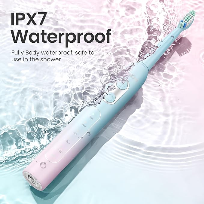 YUNCHI Sonic Electric Toothbrush for Adults,Rechargeable Toothbrushes with Travel Case, 90 Days, 8 Brush Heads, 2 Min Timer, IPX7 Waterproof, 5 Modes, Blue and Pink