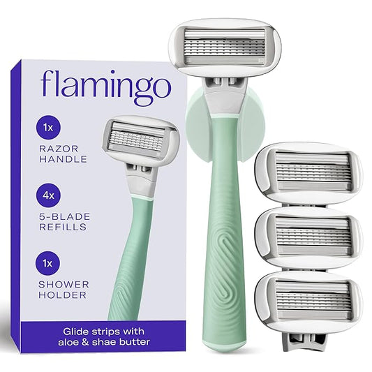 Flamingo Shaving Razor Set for Women - Original Razor Handle, 4 Blade Refills, and Shower Holder - Sage