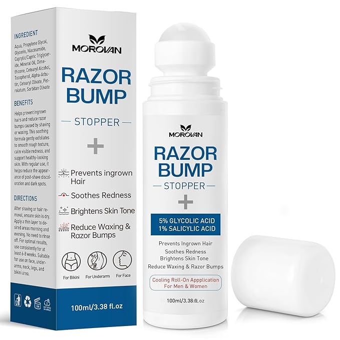 Morovan Razor Bumps Treatment: Ingrown Hair Solution for Bikini Area, Beard & Body, Post Wax After Shaving Soothing Serum for Women & Men - 3.38fl.oz