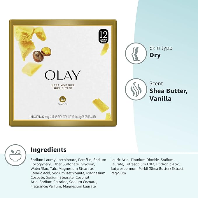 Olay Beauty Bar, Ultra Moisture,10x More Moisturizers, Nourishing Conditioners, Smooth & Gentle on Skin, Vitamin B3 Complex, For All Skin Types, Shea Butter Scent, 3.17 oz, (Pack of 48)