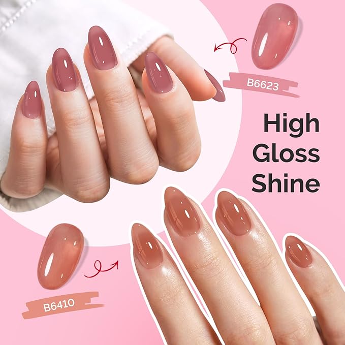 MelodySusie Jelly Gel Nail Polish Set,6 Transparent Colors,Milky or Jelly Texture,Pink and Nude Versatile Colors Soak Off UV LED Light Cure or Salon Manicure and Nail Art DIY at Home