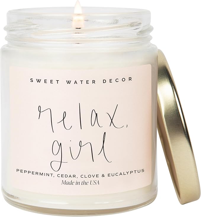 Sweet Water Decor Relax Girl, Peppermint, Cedar, Clove, and Eucalyptus Scented Soy Wax Candle for Home | 9oz Clear Jar, 40 Hour Burn Time, Non Toxic, Made in The USA