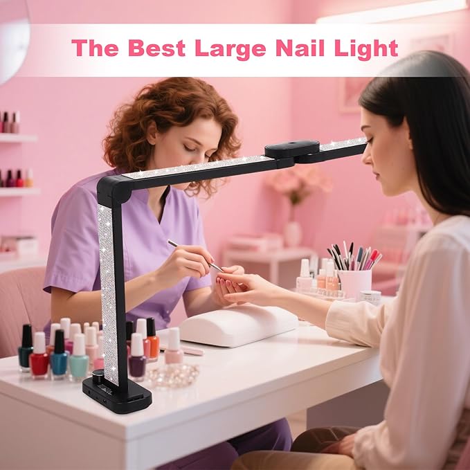34in Half Moon Light for Nail Desk, Foldable LED Lamp for Nail Art, Tattooing, Craft Making, Stepless Dimming, 3000-6000K Color Temperature Adjustment, 456 Light Beads, White with Diamond