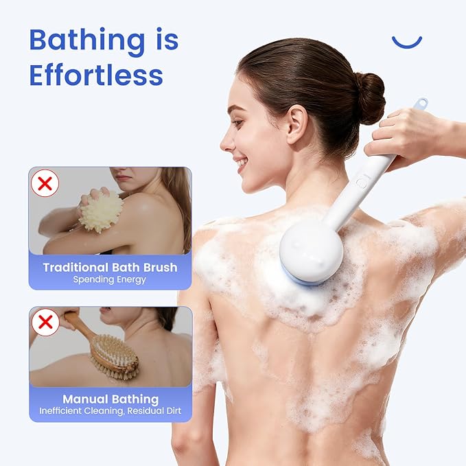 Electric Back Scrubber for Shower Body Brush, Waterproof Shower Body Scrubber for Cleansing, Massaging, Rechargeable Bath Brush for Kids & Adults with 2 Heads & 3 Speed Modes, Milk White XY0