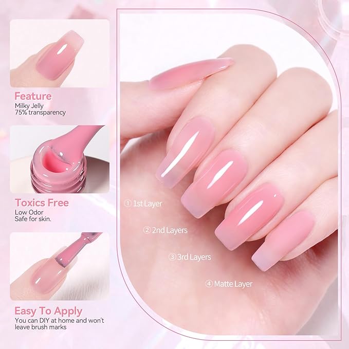 Born Pretty Jelly Pink Gel Nail Polish Milky Sheer Translucent Neutral Pink Gel Polish Hema-Free Soak Off Nail Art Gel 0.5 Fl Oz