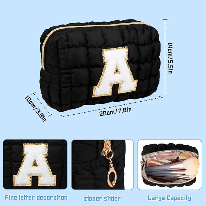 Initial Checkered Makeup Bag, Large Quilted Cosmetic Bag, Cute Make up Pouch for Purse, Travel Toiletry Storage Bag for Women Preppy Teen Girls Gift Trendy Stuff Gift (Black K)