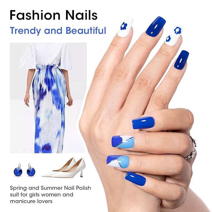 GELLEN Blue Nail Polish, Bright Navy Royal Baby Ocean Cobalt Blue White 6 Colors Set, insta Air Dry Natural Traditional Regular Nail Polish for Acrylic Natural Nails Salon Home, Non UV Gel, Hema Free