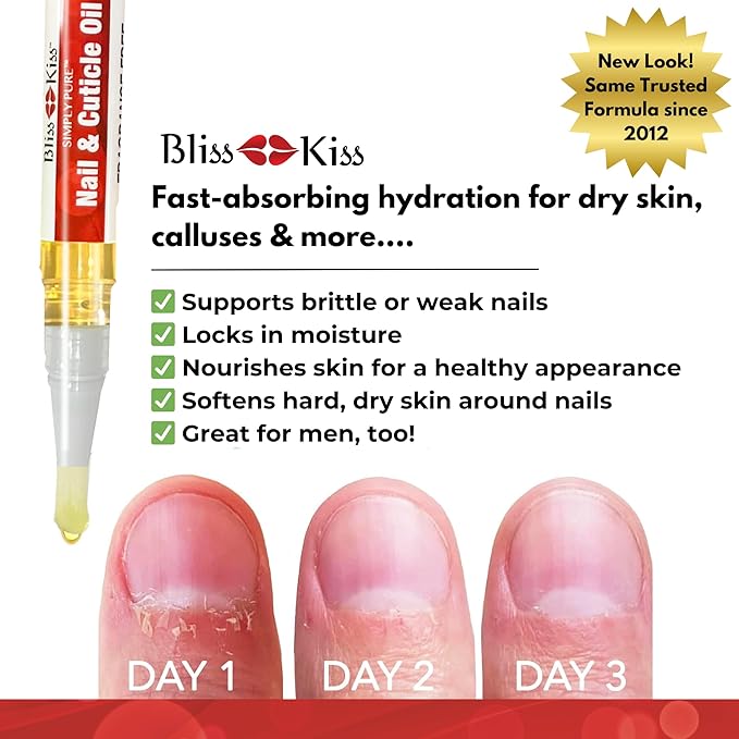 Bliss Kiss | 1 Fragrance Free | Nail Oil Cuticle Pen w/Vitamin E & Jojoba⏤Nail Strengthener Nail Growth Serum for Brittle Peeling Breaking Thin Nails