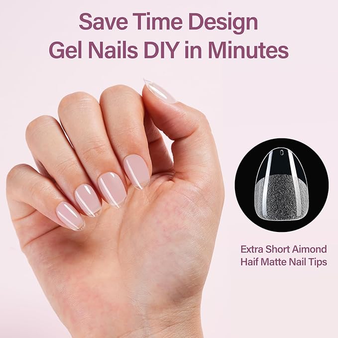 Misssix Extra Short Almond Gel Nail Tips Kit, 216Pcs Pre Etched Clear Fake Nails, Full Cover False Nail 9-in-1 Gel Glue and Portable Mini U V Nail Lamp for Women 12 Sizes