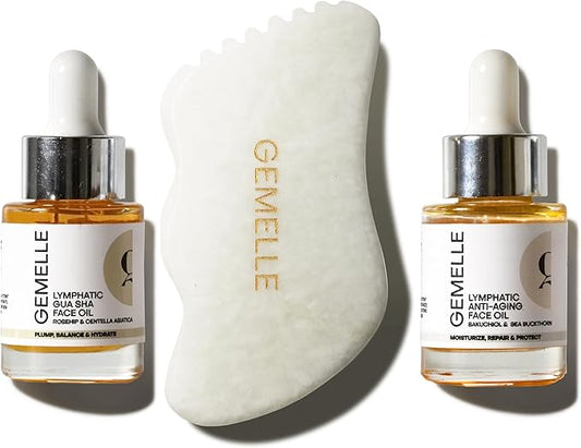 GEMELLE 3-Pack Lymphatic Gua Sha Morning & Night Face Starter Set 15ml | 10x Award Winner | White Jade Gua Sha Tool, Gua Sha & Anti-Aging Face Oils | Sculpting, Lymphatic Drainage, Hydrate, Protect