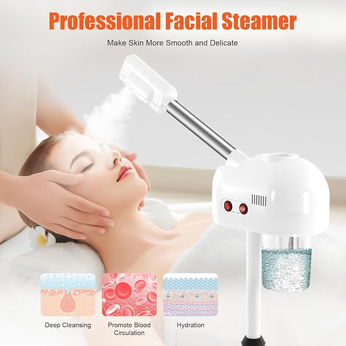 Professional Facial Steamer Mist Face Steamer Stand Ozone Facial Machine with Wheels Professional Skin Care Equipment for Shaving & Skin Care, Barbershop, Salon, Spa Use (White)