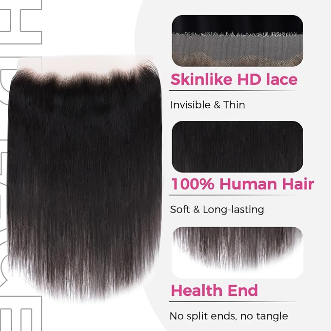 Lashey 13x4 SKINLIKE HD Lace Frontal, 0.10mm Ultra-Thin Invisible Real HD Frontal Pre Bleached Knots Pre Plucked Hairline Straight Human Hair 12 Inch Natural Black