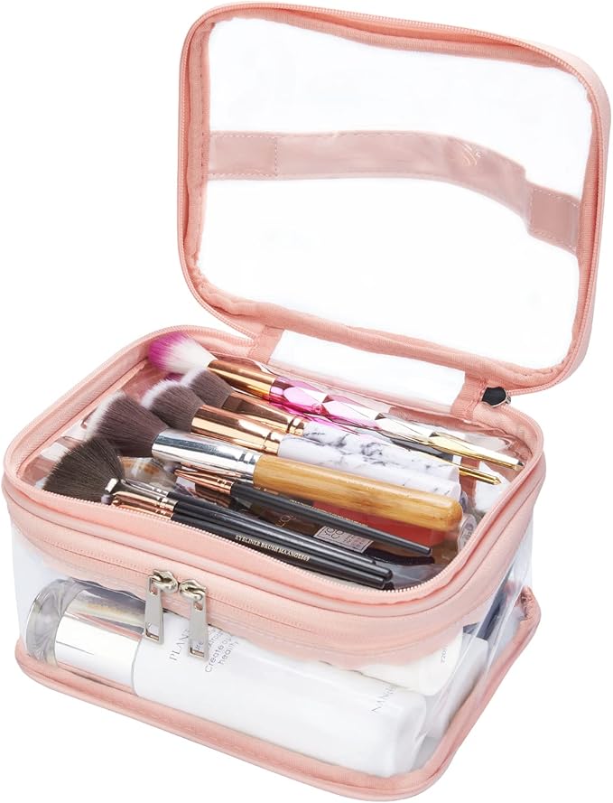 Double Layer Clear Cosmetic Bag Makeup Bag, Waterproof Travel Toiletry Bag, Transparent PVC Hair & Nail Accessories Pouch Beach Bag Organizer (Pink)