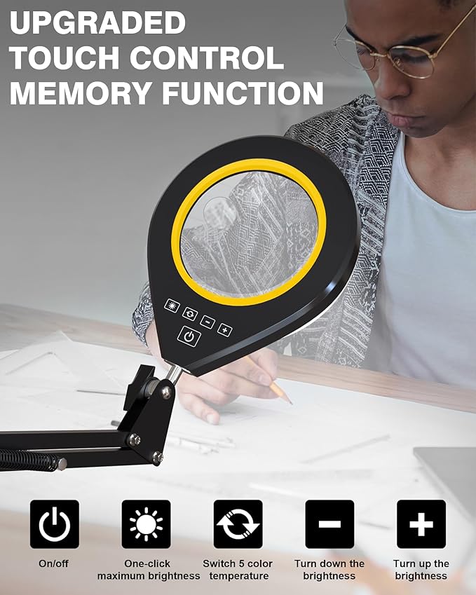 10X & 5X Magnifying Glass with Light, Ultra Long Swing Arm, 5 Colors & 10 Brightness, Real Glass Lens Large Magnifying Lamp for Craft Painting Workbench Jewelry Making Hobby Close Work (Yellow)