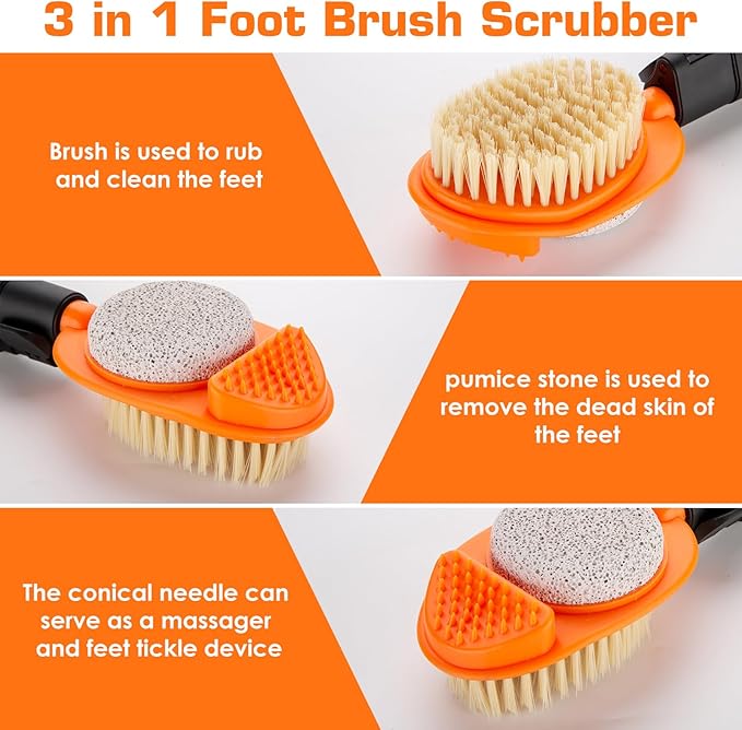 Foot Scrubber with Pumice Stone, 3 in 1 Adjustable Aluminum Tube 15”-28” Shower feet Dead Skin Remover, Foot Cleaning Brush for Seniors,Elderly, Disabled Men and Women
