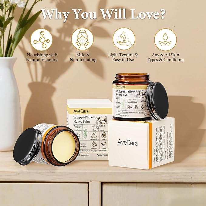 Beef Tallow for Skin - Organic Grass Fed Beef Tallow Balm for Face & Body Moisturizer - Whipped Tallow and Honey Balm Deeply Hydrates for Sensitive, Dry Skin Care - 4.23 oz, Vanilla Orange