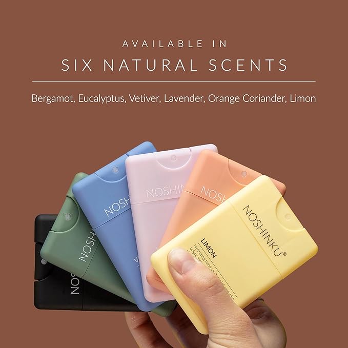 Noshinku - Refillable Hand Sanitizer Orange Coriander 3-Pack, Travel Size Spray, Hydrating Botanical Oils, Natural Ingredients, All Natural Fragrances, Sugarcane Derived Alcohol, No Parabens, No Dyes