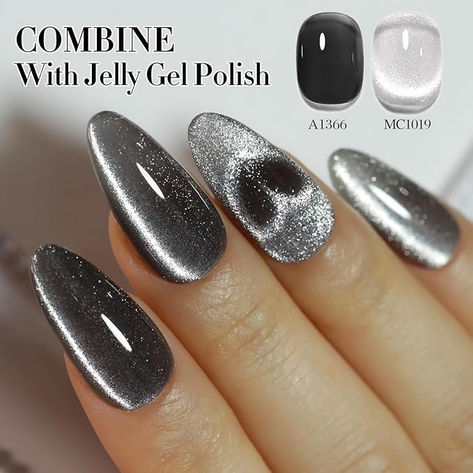 Double Rhythm 0.5 OZ Cat Eye Gel Polish with Magnet 15ML Holographic Glitter Shimmer Translucent Jelly Color Magnetic Polish Salon DIY at Home (Silver-MC1019)