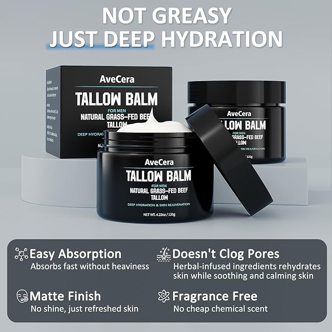 Beef Tallow Balm for Men, Grass-Fed Beef Tallow Face Moisturizer Cream - Anti-Aging Hydrating Nourishes Smooths Wrinkles for All Skin Types Mens Skin Care - Unscented 4.23 oz