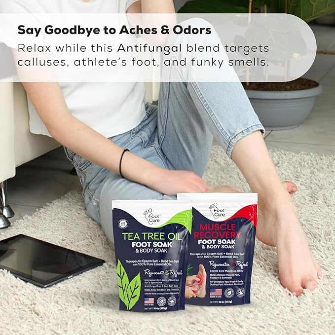 FOOT CURE Tea Tree Oil & Muscle Foot Soak with Epsom Salts - All-Natural Salts for Post-Workout Recovery - Softens Calluses, Soothes Sore & Tired Feet, Foot Odor Control, Spa Pedicure (Pack of 2)