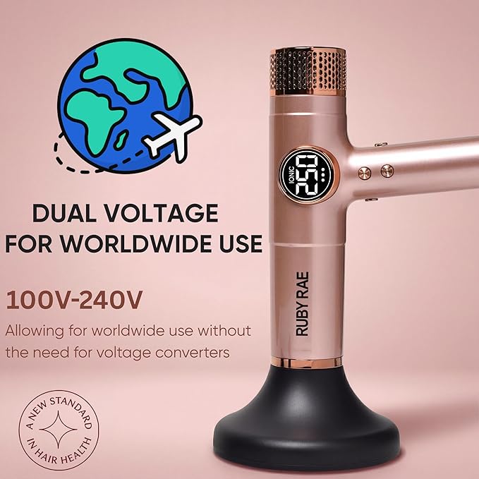 RUBY RAE Ionic Hair Dryer 2000W, Professional Dual Voltage Blow Dryer with Diffuser, Lightweight Design, Fast Drying, Low Noise Technology, 3 Magnetic Attachments Suitable for All Hair Types