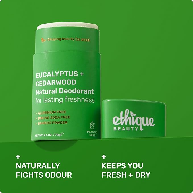 Ethique Beauty Eucalyptus & Cedarwood Deodorant Stick for Men & Women - Aluminum-Free, Plastic-Free, Vegan, Cruelty-Free, Eco-Friendly, 2.5 oz