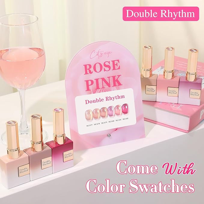 Double Rhythm Cat Eye Gel Nail Polish Set of 6 Same Color Same Bottle 0.5 Oz Shimmer Glitter with Magnet Holographic Reflective Magnetic UV Nail Polish Kit at Home (Glass Nude Pink Rose-T6-32)