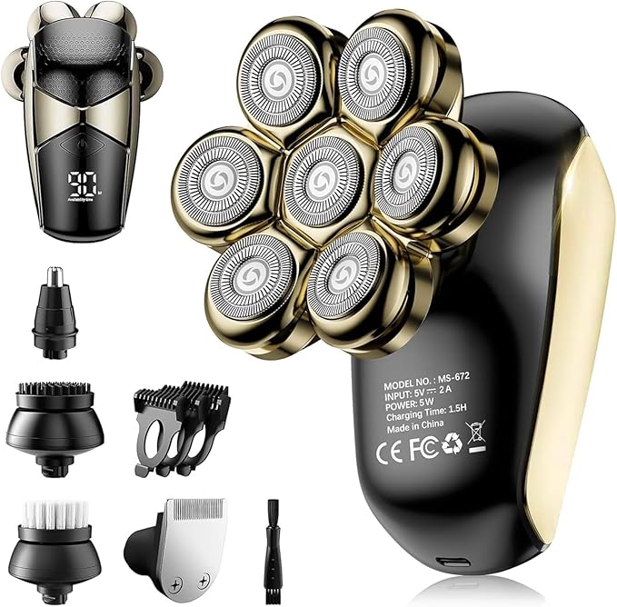 SHPAVVER Head Shavers for Bald Men: 5-in-1 Electric Razor - IPX7 Waterproof Shaving Grooming Kit for Balder - Turbo Speed & Precision Blades (Little Gold)