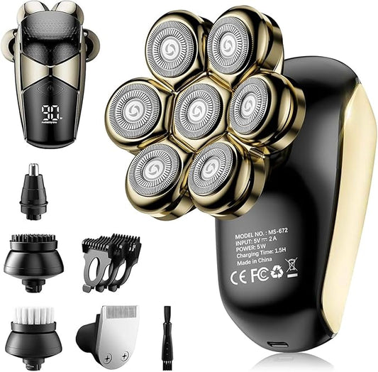 SHPAVVER Head Shavers for Bald Men: 5-in-1 Electric Razor - IPX7 Waterproof Shaving Grooming Kit for Balder - Turbo Speed & Precision Blades (Little Gold)
