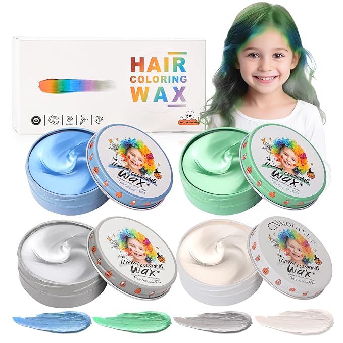 4 Colors Temporary Hair Color Wax for Kids, Blue Green Gray White Hair Styling Mud, Washable Style Dye for Girl Boy Teens, DIY Instant Hair Coloring Gel Cream for Cosplay Halloween Children's Day